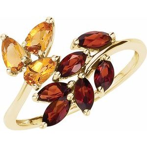 14K Yellow Gold Natural Citrine & Natural Mozambique Garnet Bypass Ring