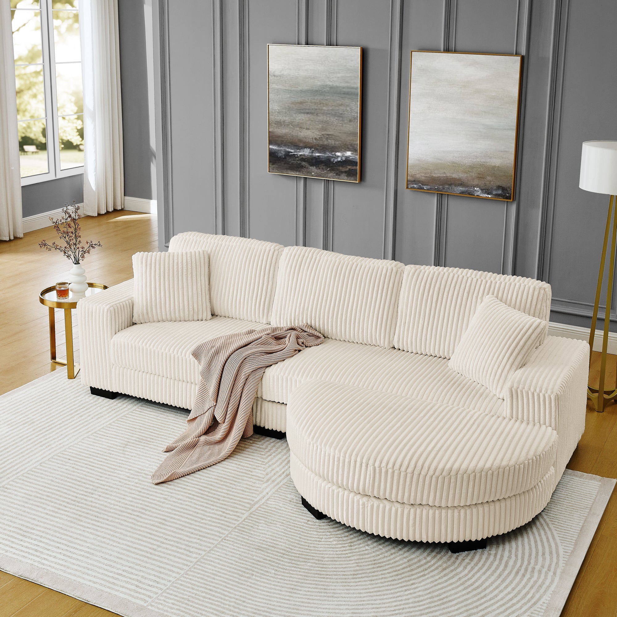 Corduroy Tufted Upholstered Sleeper Sectional Sofa, L-Shaped Modular Convertible Sofa ,The arc-shaped footstool can be placed freely on the left and right-Beige