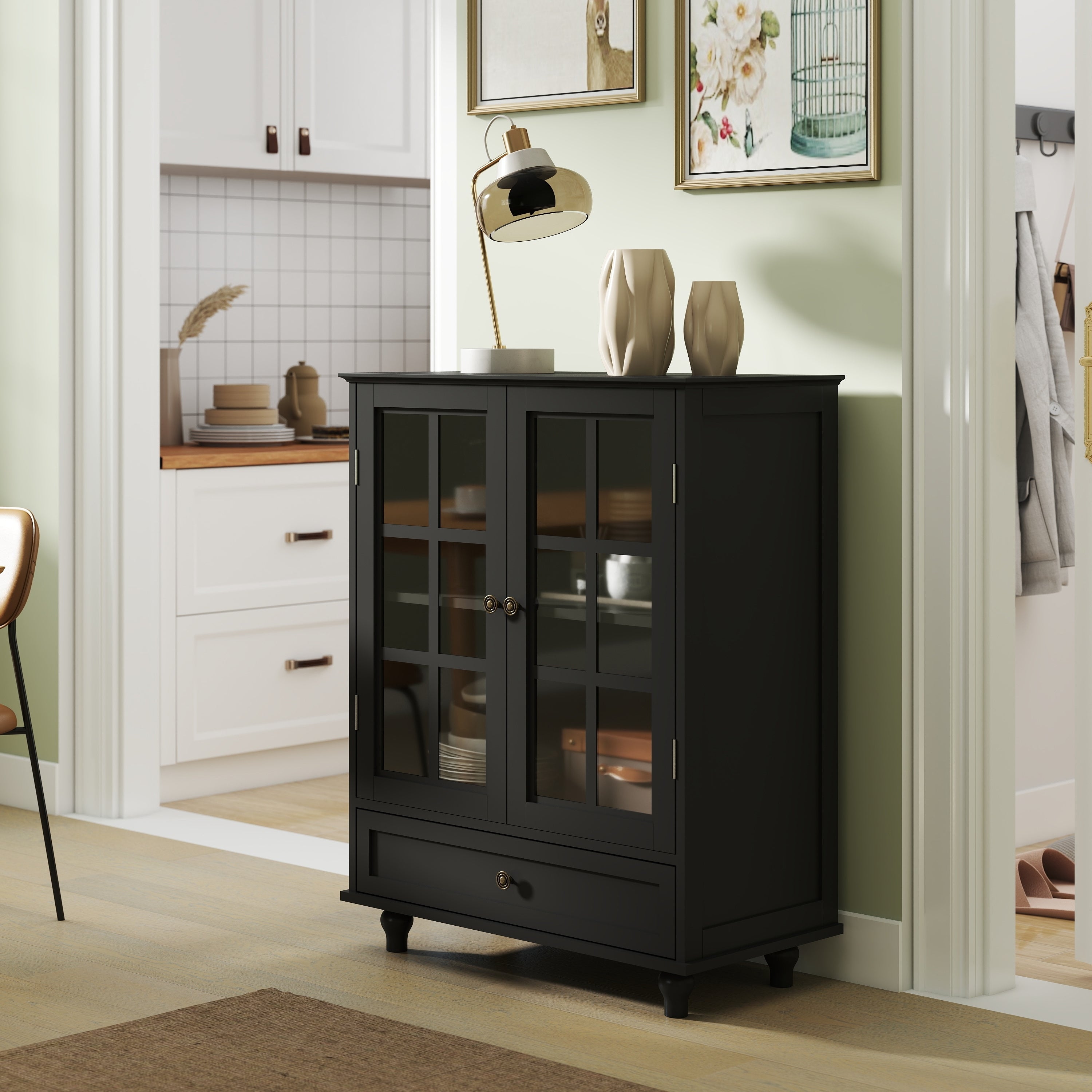 Minimalist Buffet Cabinet with Double Glass Doors and Drawer, Modern Wooden Storage Sideboard in Black