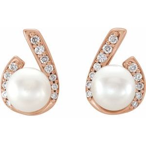 14K Rose Gold Cultured White Freshwater Pearl & 1/10 CTW Natural Diamond Earrings