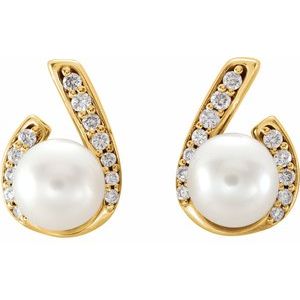14K Yellow Gold Cultured White Freshwater Pearl & 1/10 CTW Natural Diamond Earrings
