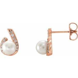 14K Rose Gold Cultured White Freshwater Pearl & 1/10 CTW Natural Diamond Earrings