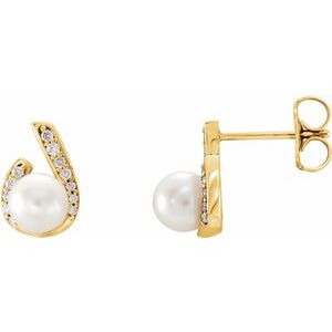 14K Yellow Gold Cultured White Freshwater Pearl & 1/10 CTW Natural Diamond Earrings