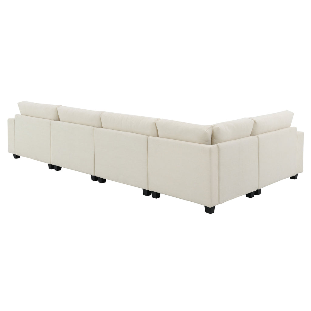 Chenille U Shaped Sectional Sofa with Ottoman, Storage, Cup Holders, and USB Ports, Off White, 128*67'
