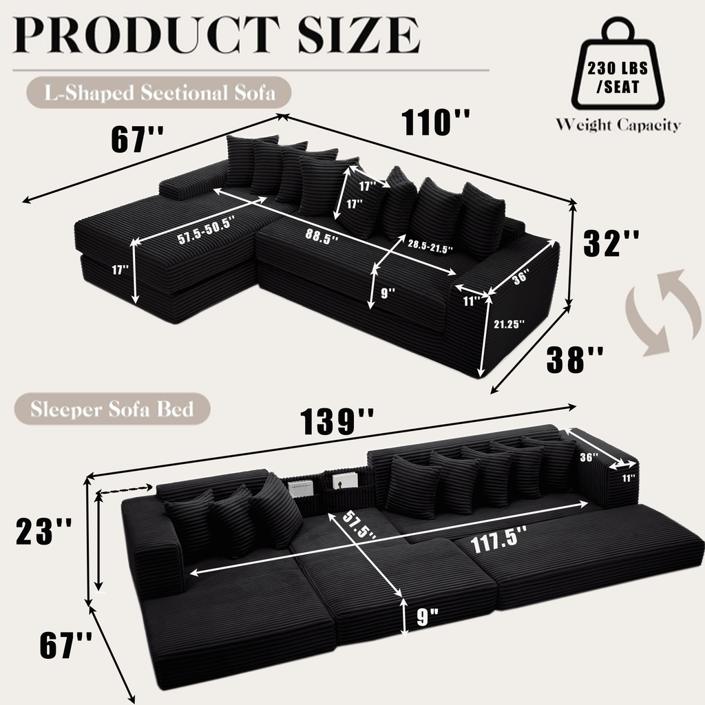 [NEW ARRIVED] [VIDEO PROVIDED] Oversize Cloud Sectional Couch, L-Shape Sofa, Convertible Floor Sleeper Sofa Bed, No Assembly ,Eight pillows,3-in-1,Side Pocket,(Left Facing Sofa),3 Seat,Corduroy,Black