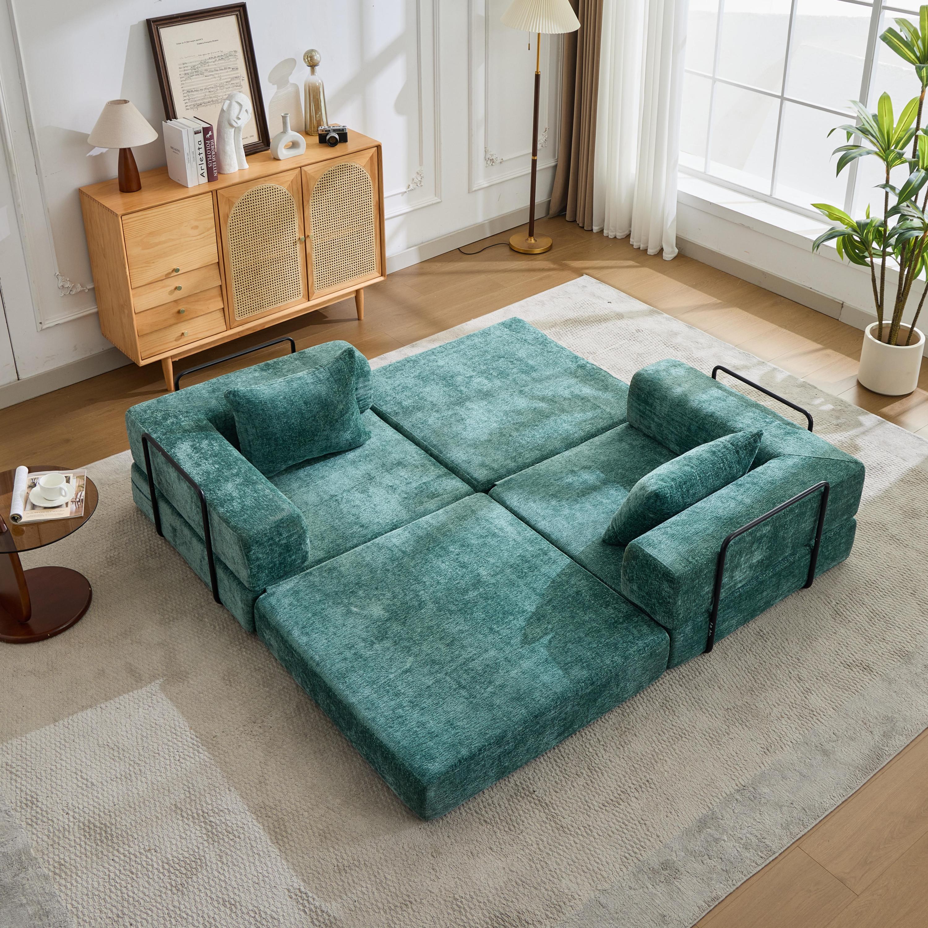 Compression Sofa,Convertible Floor Sofa Bed with Fixed-Shape Frame, Loveseats Boneless Modular Sectional Sofa,No Assembly Required,Chenille fabric,for Living Room Bedroom,Dark Green