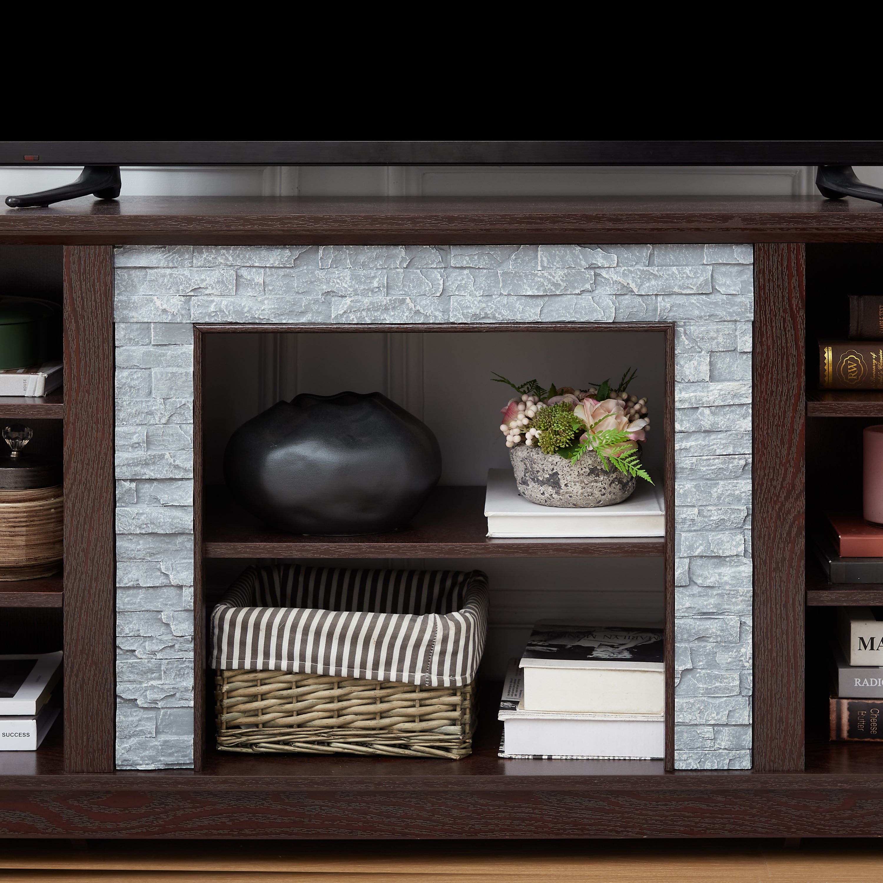 TV Media Stand with with Faux Stacked Stone Surround, Modern Entertainment Console with Open Storage Space, Cherry, 58.31'W*15.39'D*26.06'H