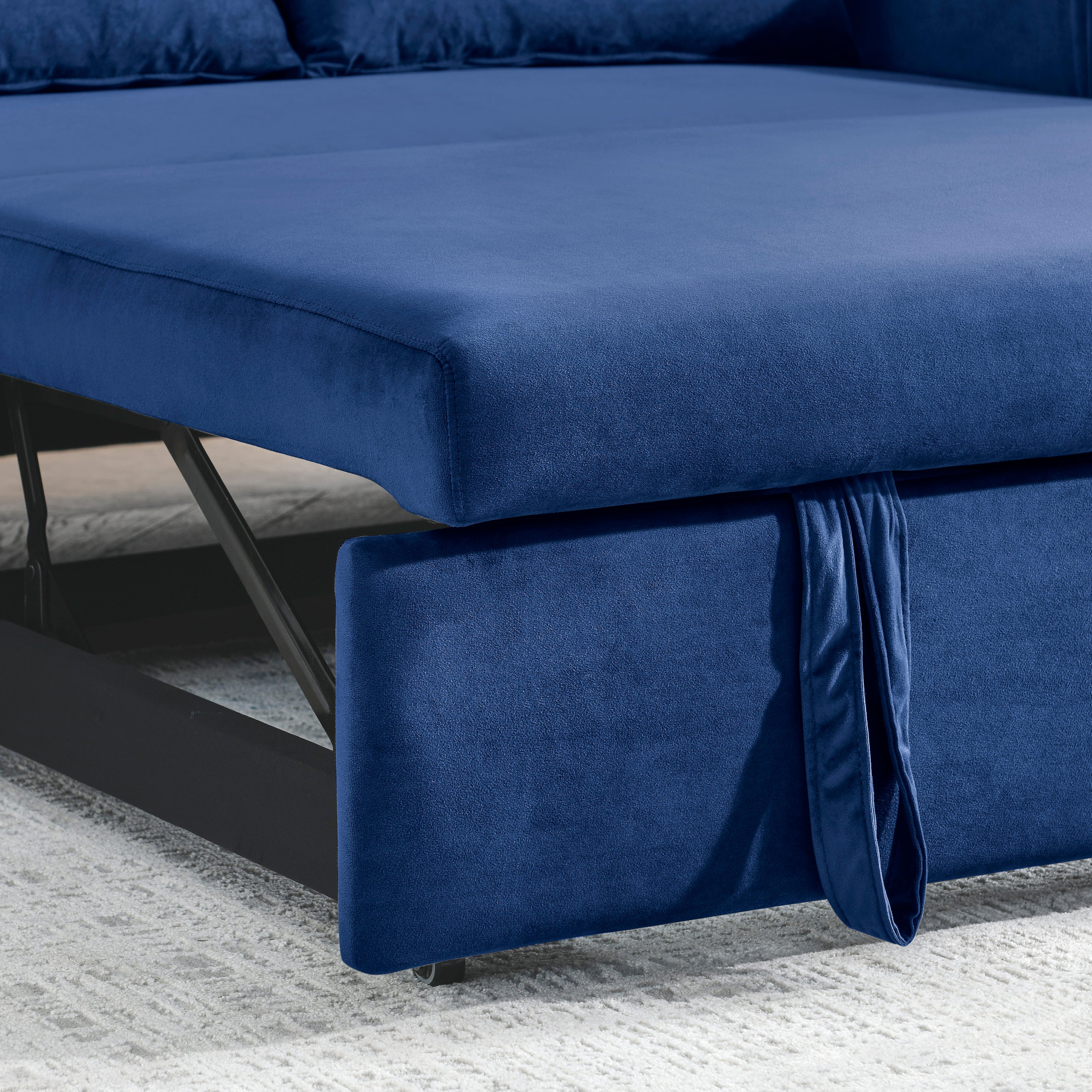 55' Modern Convertible Sofa Bed with 2 Detachable Arm Pockets, Velvet Loveseat Sofa with Pull Out Bed, 2 Pillows and Living Room Adjustable Backrest, Grid Design Armrests