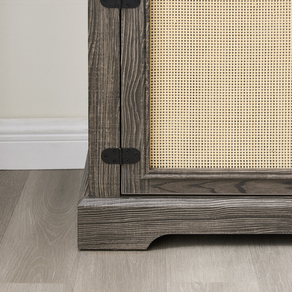 Farmhouse Rattan TV Stand Console Table for TVs up to 70 Inches, TV Console Table with 2 Storage Shelves, 2 Natural Rattan Door Cabinets, 65'W*15.55'D*23.86'H, Gray
