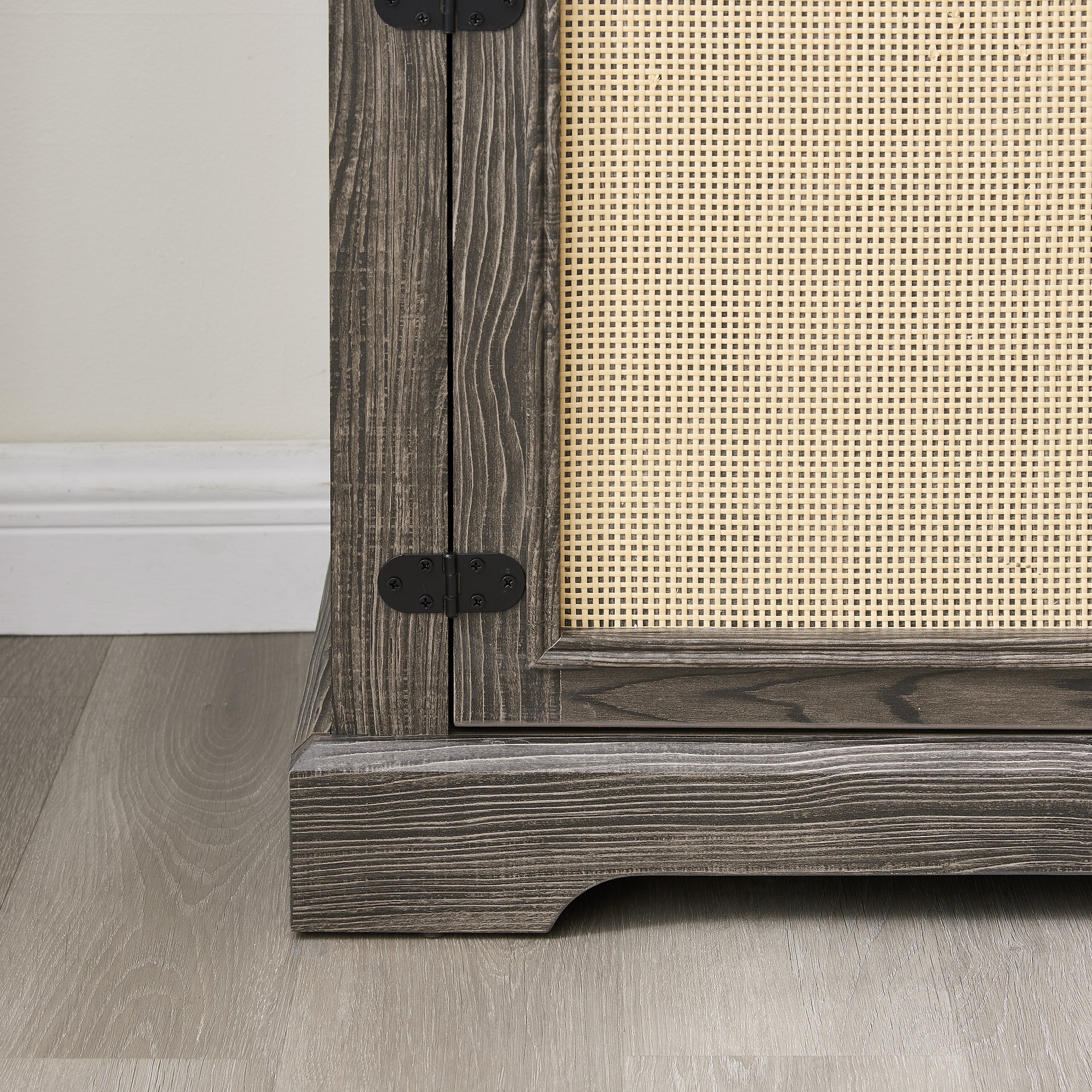 Farmhouse Rattan TV Stand Console Table for TVs up to 70 Inches, TV Console Table with 2 Storage Shelves, 2 Natural Rattan Door Cabinets, 65'W*15.55'D*23.86'H, Gray
