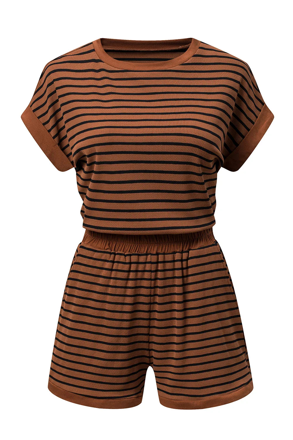 Stripe Ribbed Dolman Tee & Elastic Shorts Set