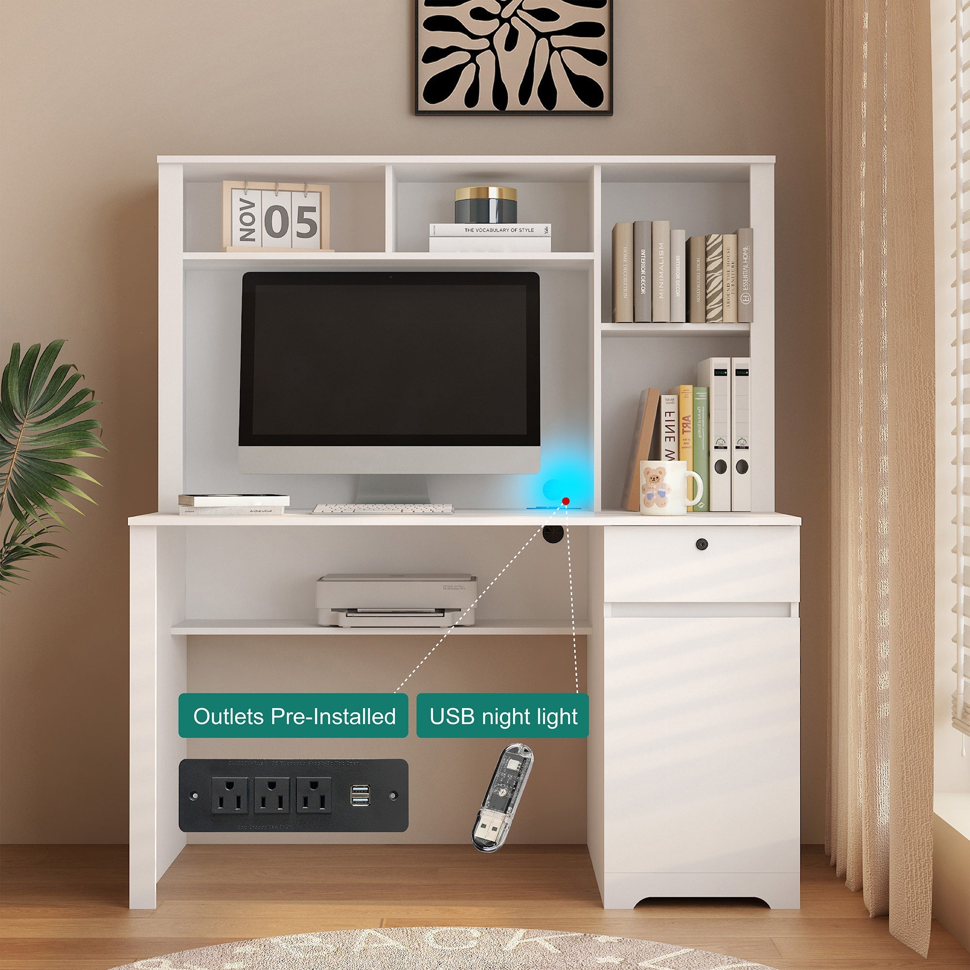 Modern Wooden Computer Desk with Hutch & Bookshelf, White Home Office Desk with Drawers, 3 AC Outlets, 2 USB Ports