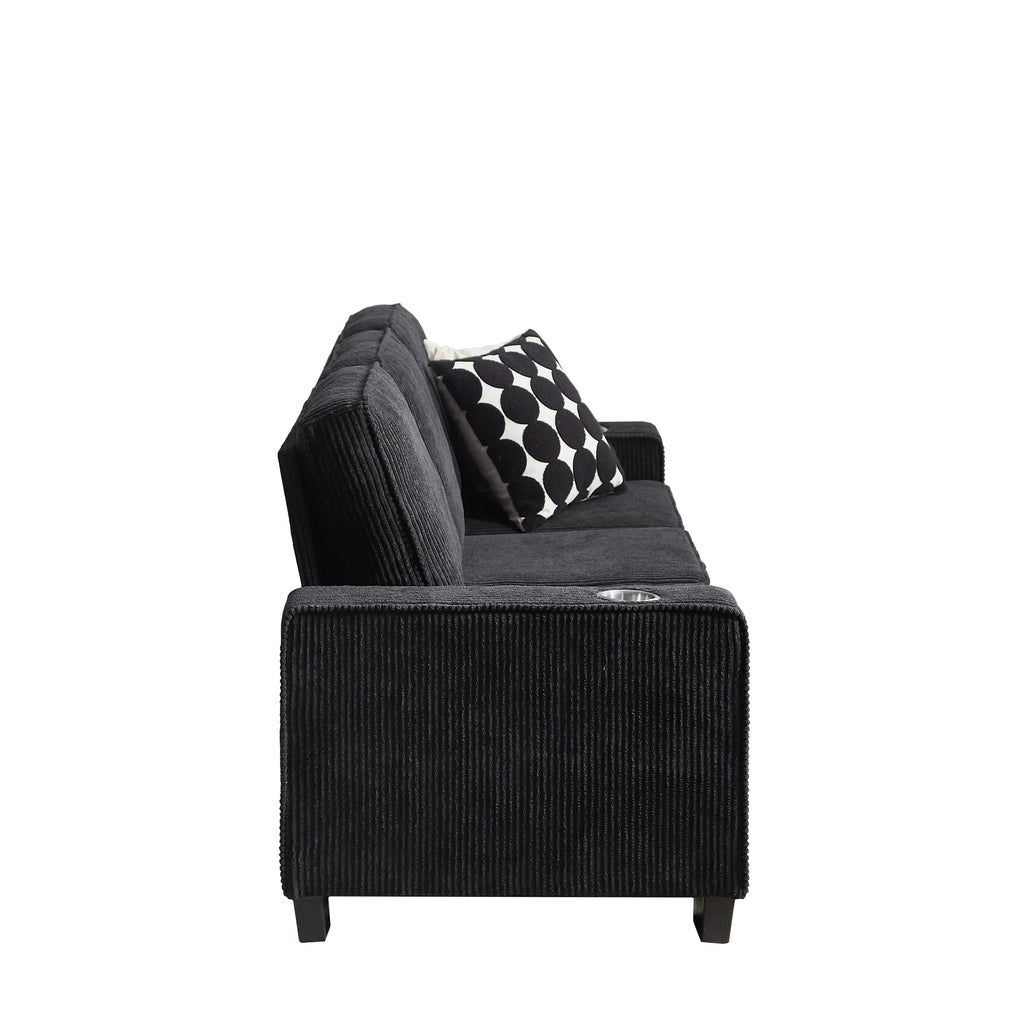 Modern Corduroy Fabric Sofa, 3-Seater Compressed Couch with Cup Holders, Black, 84.25'