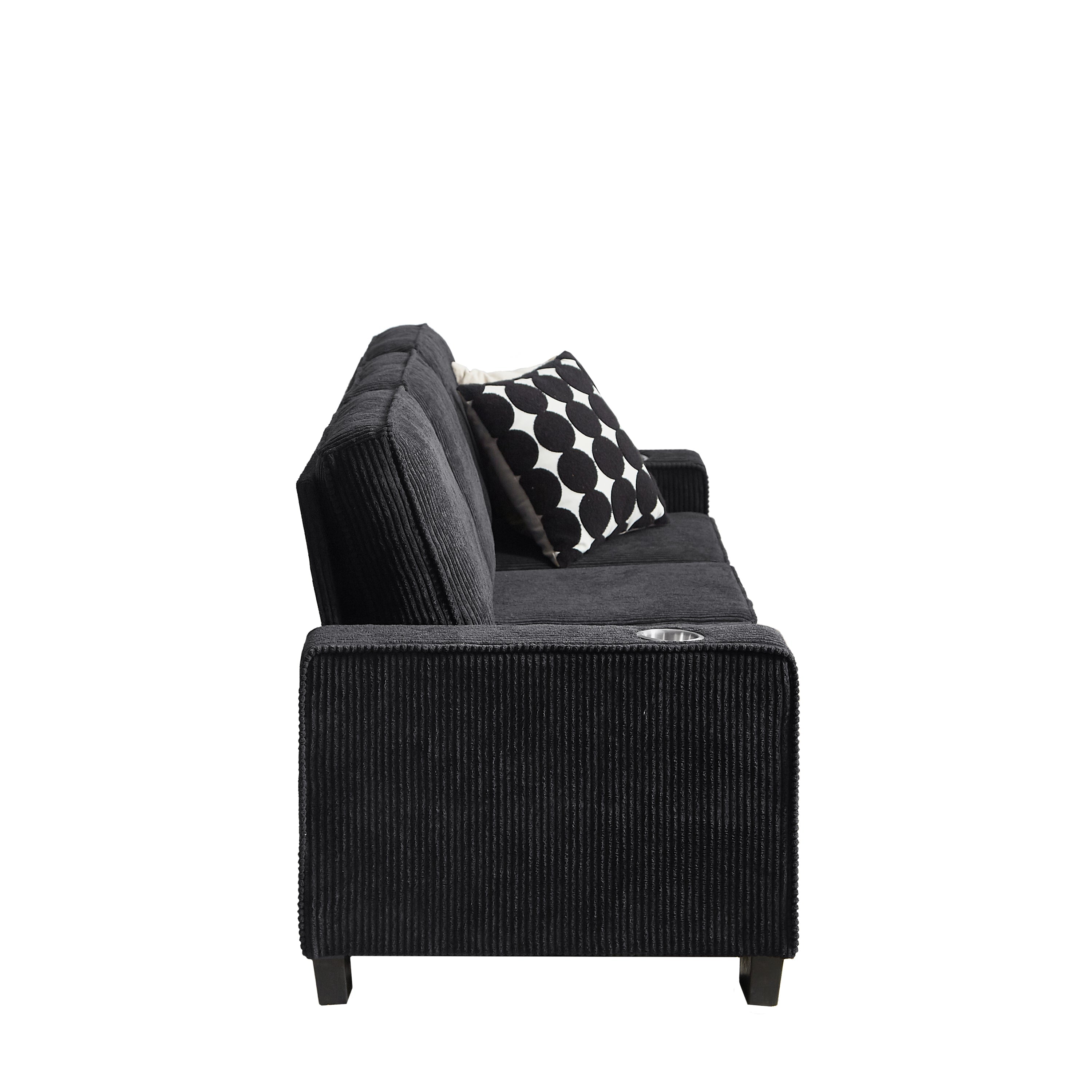 Modern Corduroy Fabric Sofa, 3-Seater Compressed Couch with Cup Holders, Black, 84.25'