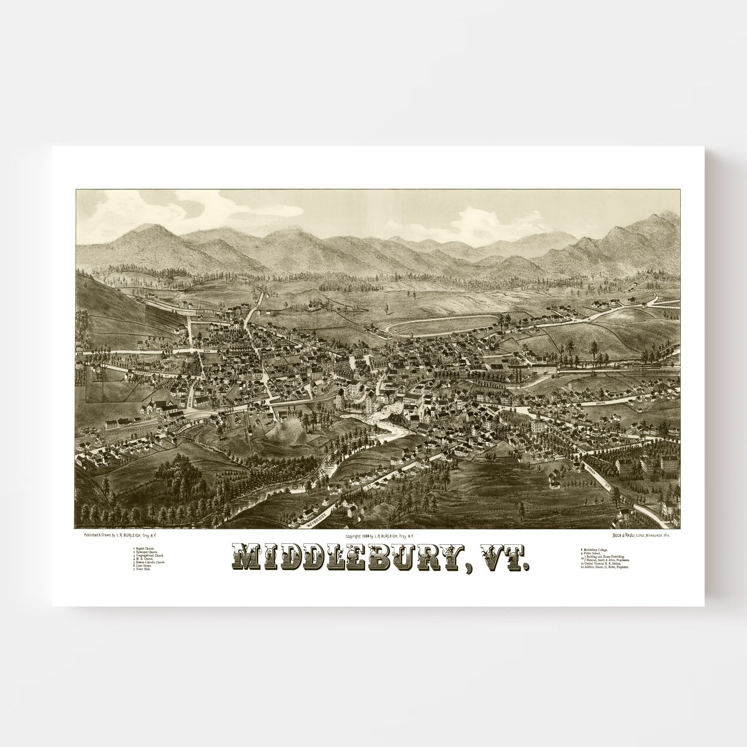 Vintage Map of Middlebury, Vermont 1886