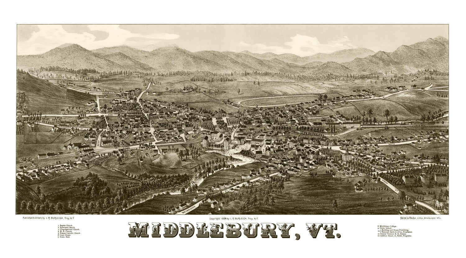 Vintage Map of Middlebury, Vermont 1886