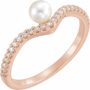14K Rose Gold Cultured White Freshwater Cultured Pearl & 1/6 CTW Natural Diamond V Ring
