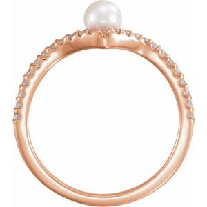 14K Rose Gold Cultured White Freshwater Cultured Pearl & 1/6 CTW Natural Diamond V Ring