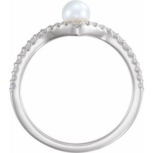 14K White Gold Cultured White Freshwater Cultured Pearl & 1/6 CTW Natural Diamond V Ring