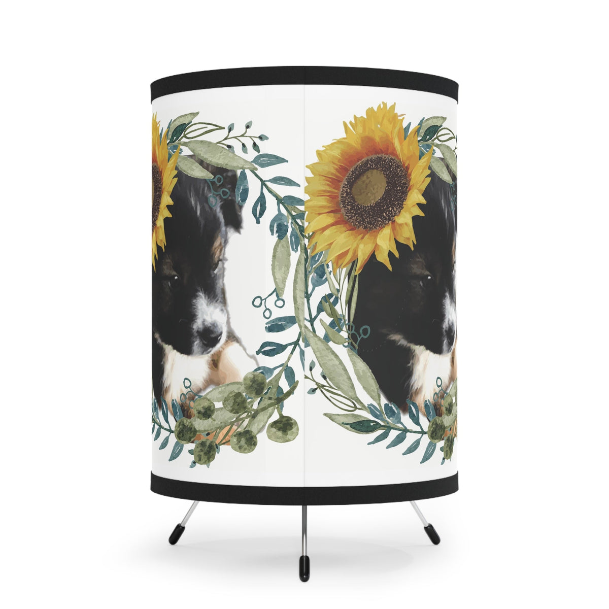 Cute Black Puppy with Sunflower Hat Tripod Lamp Printed Shade