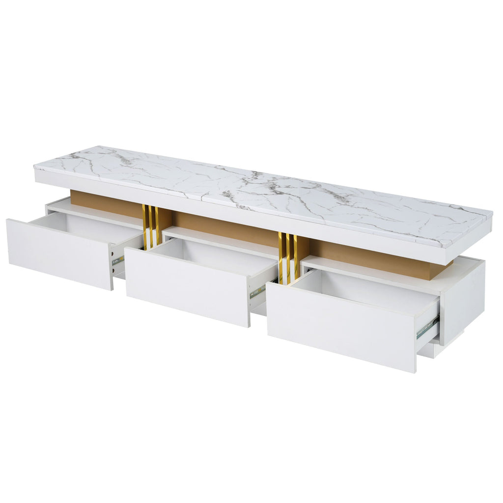 ON-TREND Luxury TV Stand with High Gloss Faux Marble Top for TVs Up to 78'', Rectangle Media Console with Golden Panel Design, Practical Entertainment Center with 3 Drawers for Living Room, White