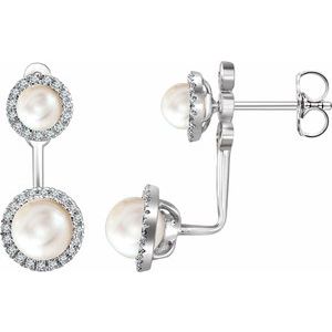 14K White Gold Cultured White Freshwater Pearl & 1/5 CTW Natural Diamond Halo-Style Earrings