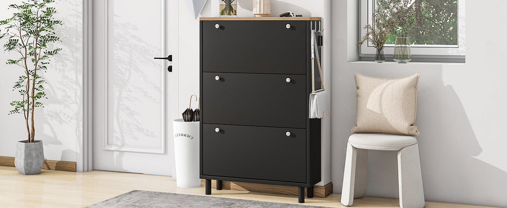 ON-TREND Narrow Design Tipping Bucket Shoe Cabinet with 3 Flip Drawers, Wood Grain Pattern Top Entryway Organizer with 3 Hooks, Free Standing Shoe Rack with Adjustable Panel for Hallway, Black