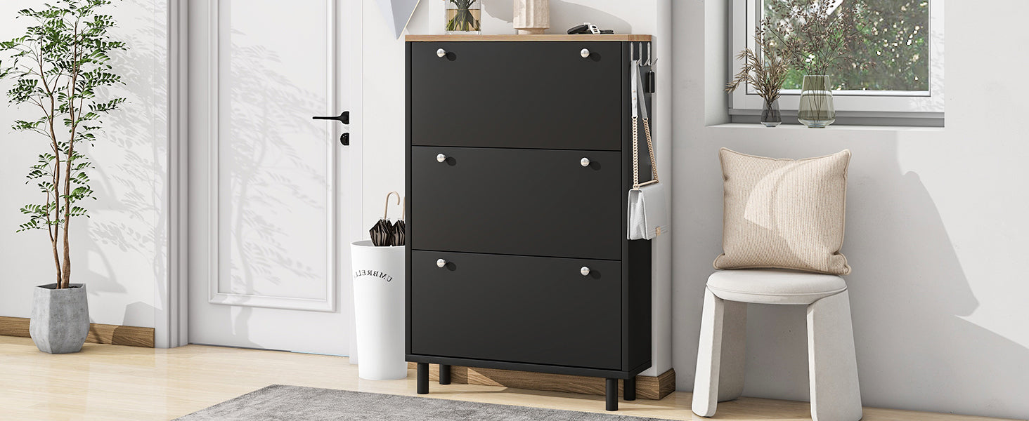 ON-TREND Narrow Design Tipping Bucket Shoe Cabinet with 3 Flip Drawers, Wood Grain Pattern Top Entryway Organizer with 3 Hooks, Free Standing Shoe Rack with Adjustable Panel for Hallway, Black