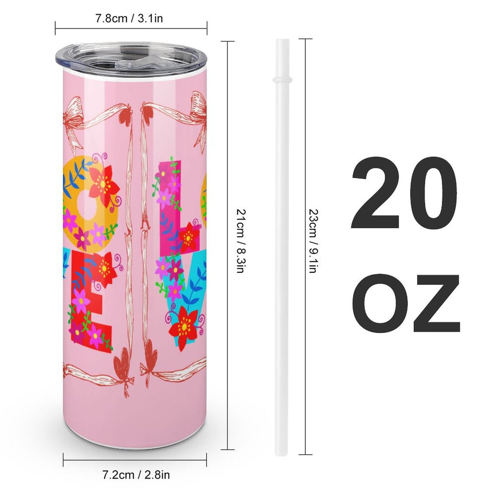 Floral LOVE Pink 20oz Skinny Stainless Steel Straight Tumbler with Lid