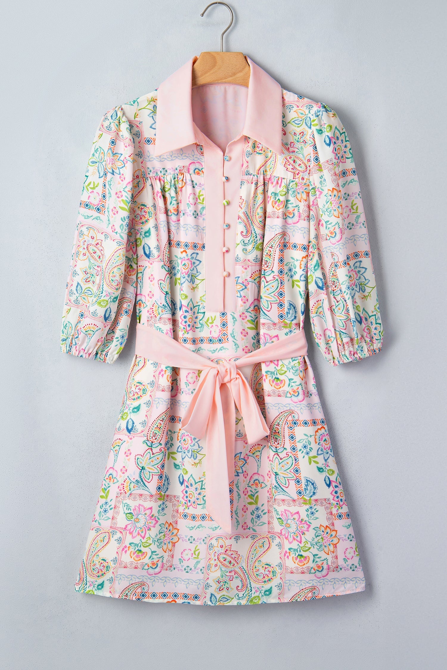 Boho Floral Colorblock 3/4 Sleeve Belted Mini Dress