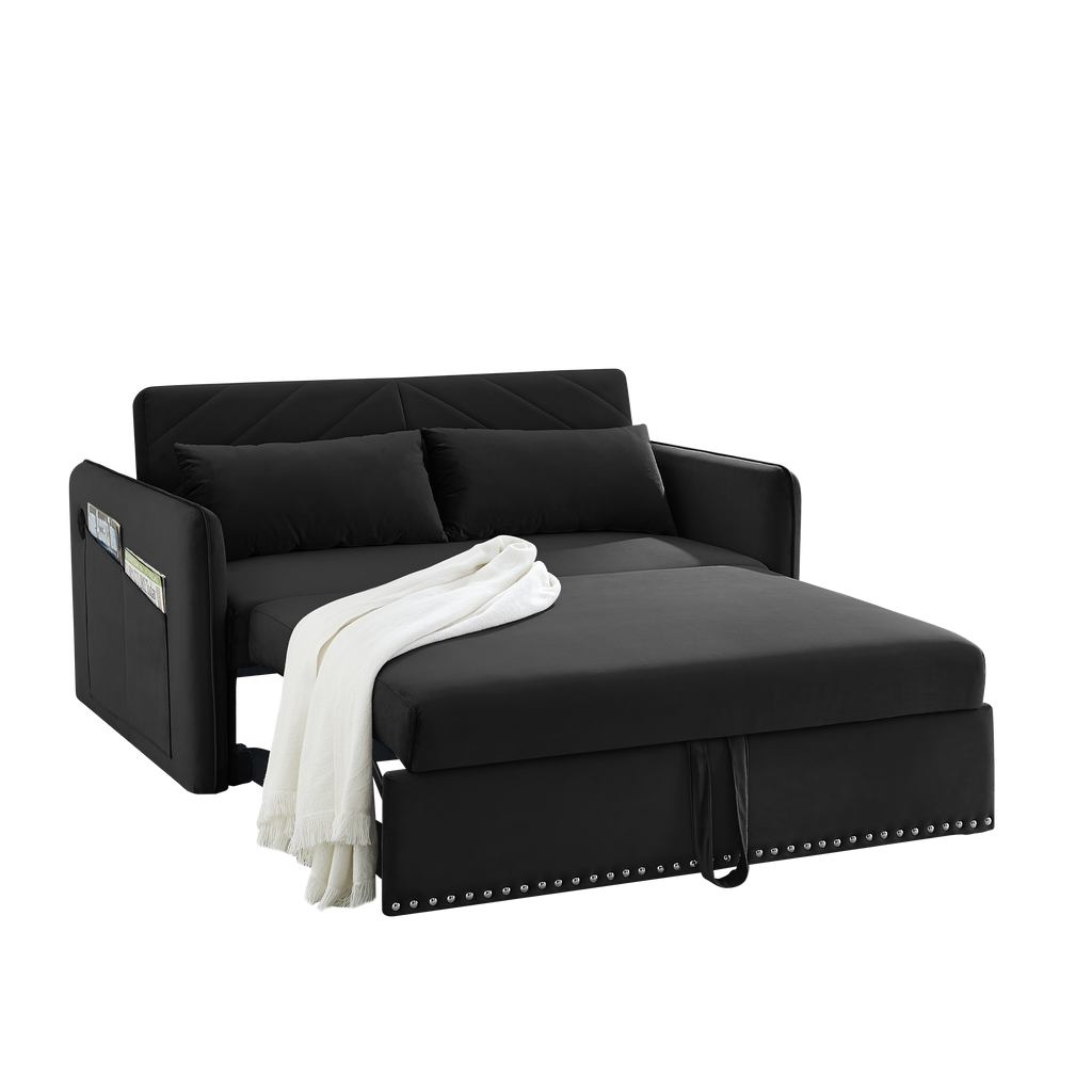 MH' Sleeper Sofa Bed w/USB Port, 3-in-1 adjustable sleeper with pull-out bed, 2 lumbar pillows and side pocket, soft velvet convertible sleeper sofa bed, suitable for living room bedroom