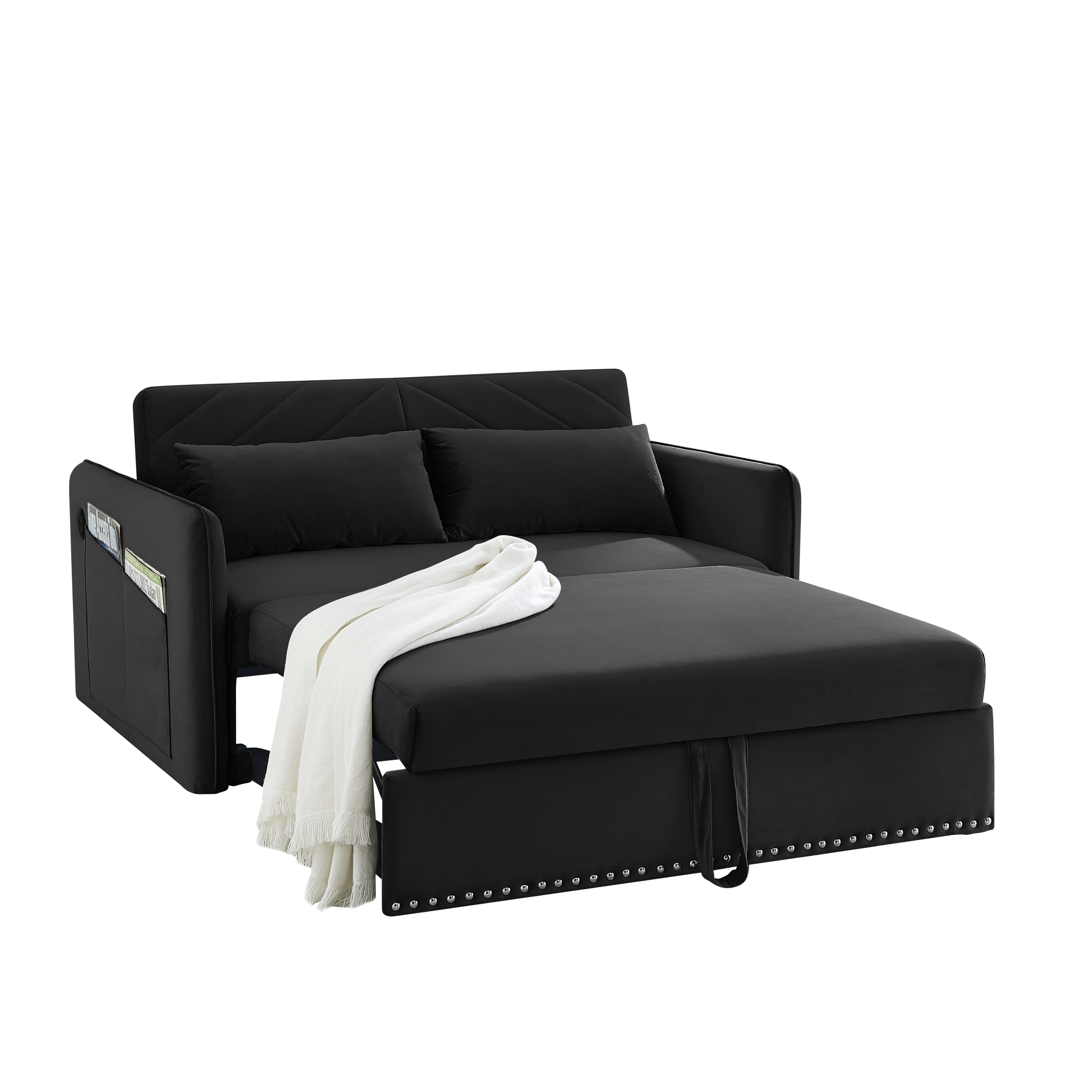 MH' Sleeper Sofa Bed w/USB Port, 3-in-1 adjustable sleeper with pull-out bed, 2 lumbar pillows and side pocket, soft velvet convertible sleeper sofa bed, suitable for living room bedroom