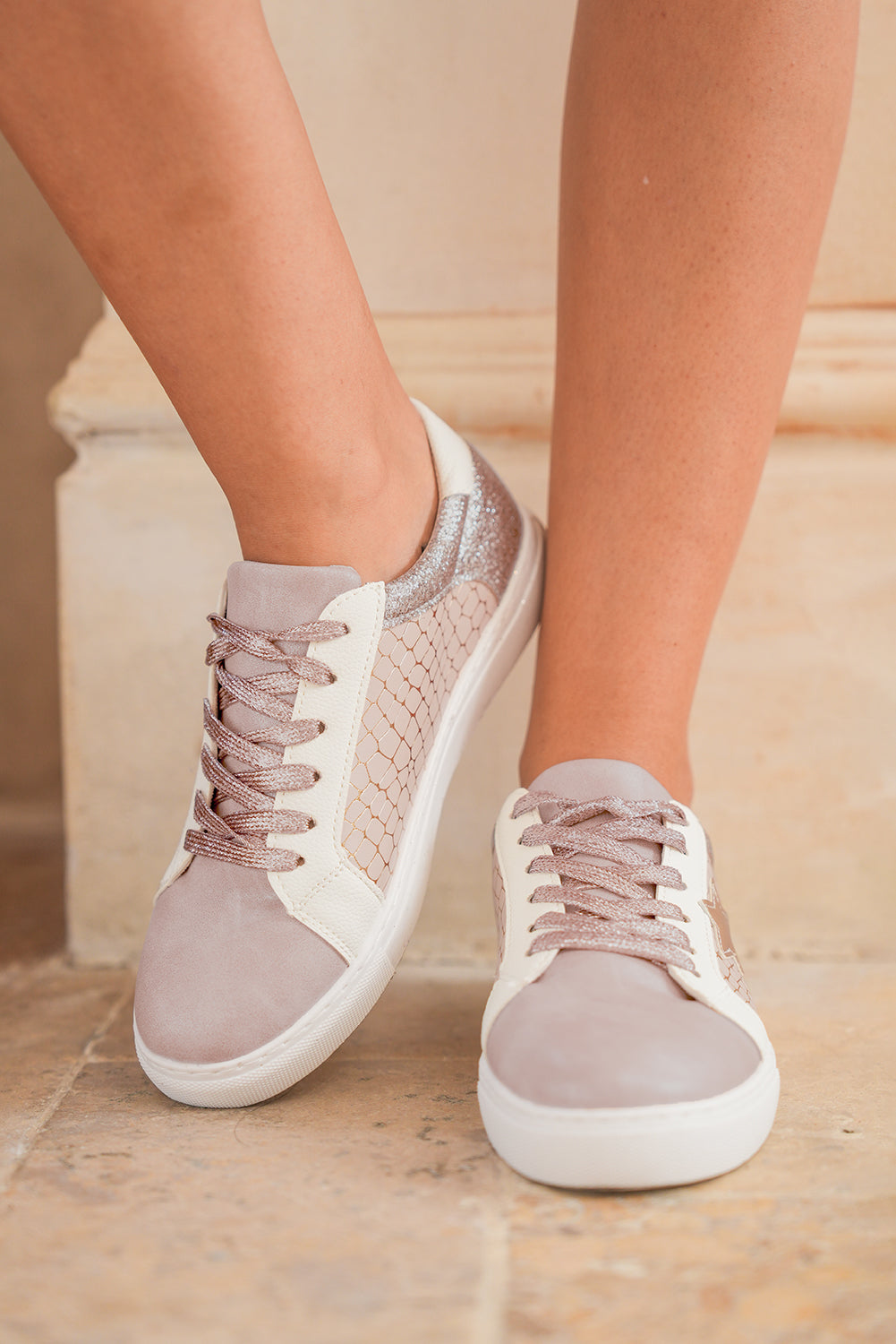 Gold Glitter Star Patchwork PU Leather Lace Up Sneakers