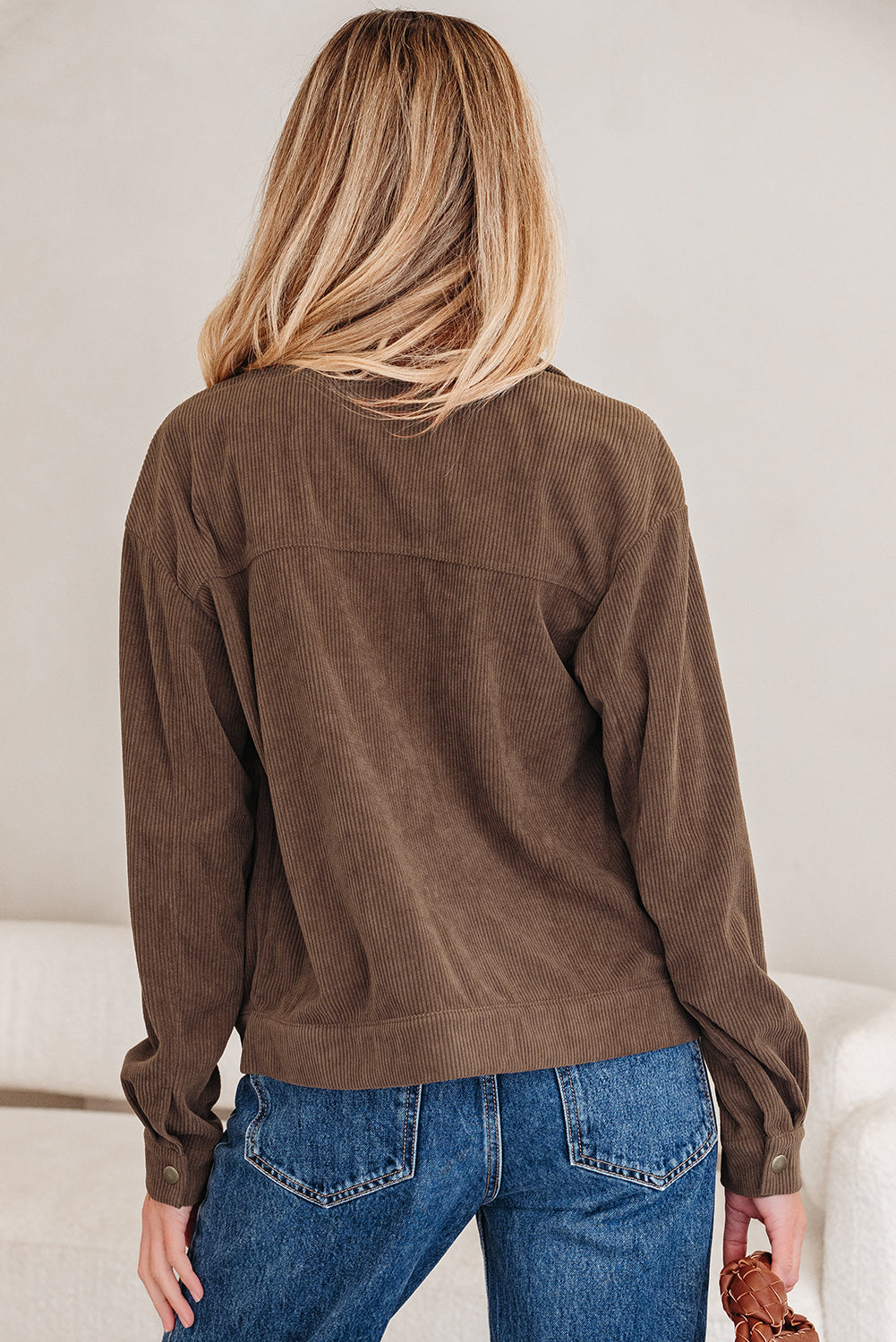 Solid Corduroy Lapel Collar Zip-Up Buttoned Jacket