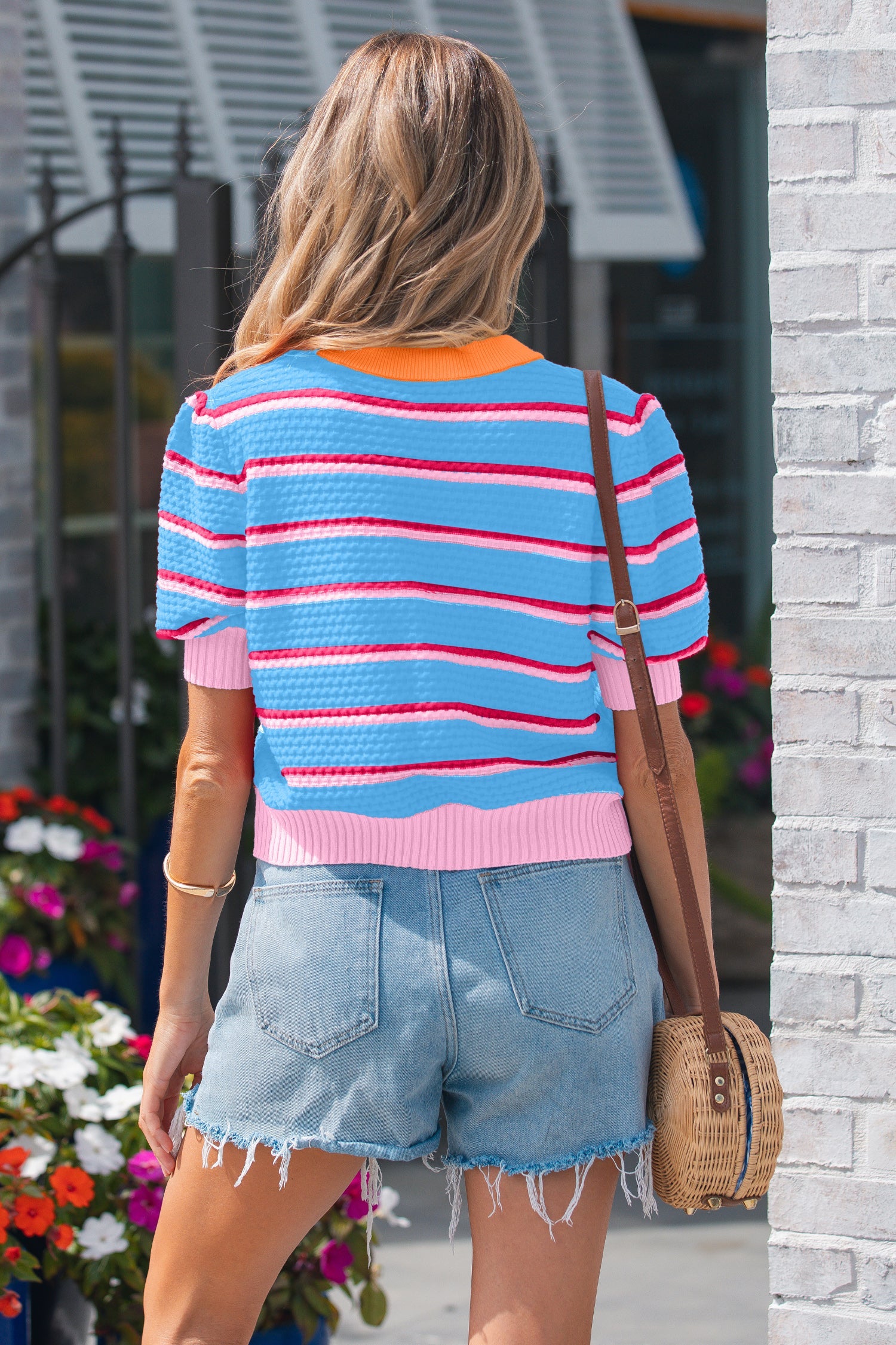 Stripe Colorblock Trim 3/4 Sleeve Sweater Top