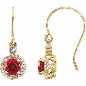 14K Yellow Gold Lab-Grown Ruby & 1/8 CTW Natural Diamond Halo-Style Earrings