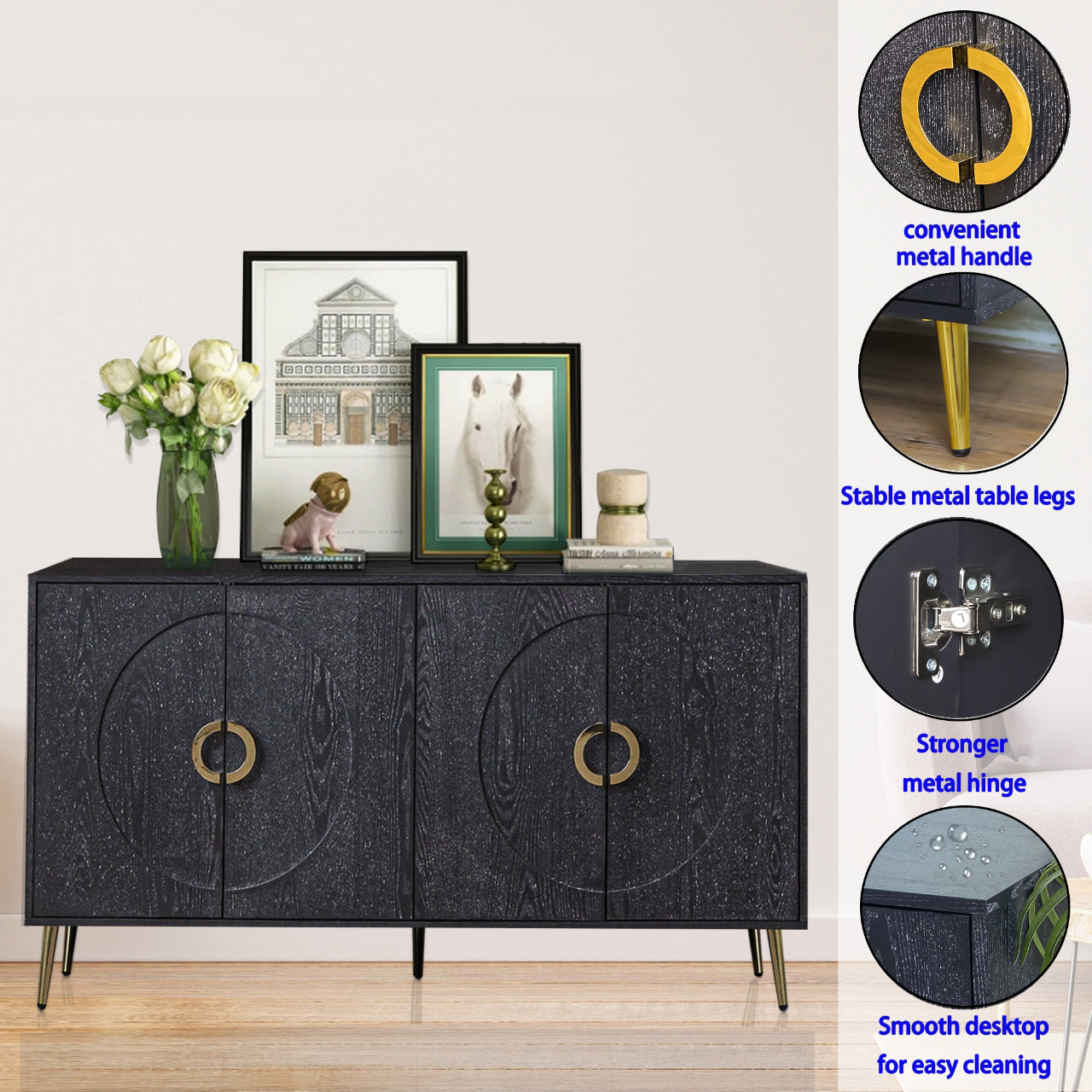 Modern Lacquered 4 Door Wooden Cabinet Sideboard Buffet Server Cabinet Storage Cabinet, for Living Room, Entryway, Hallway, Office, Kitchen and Dining Room, Distressed Black