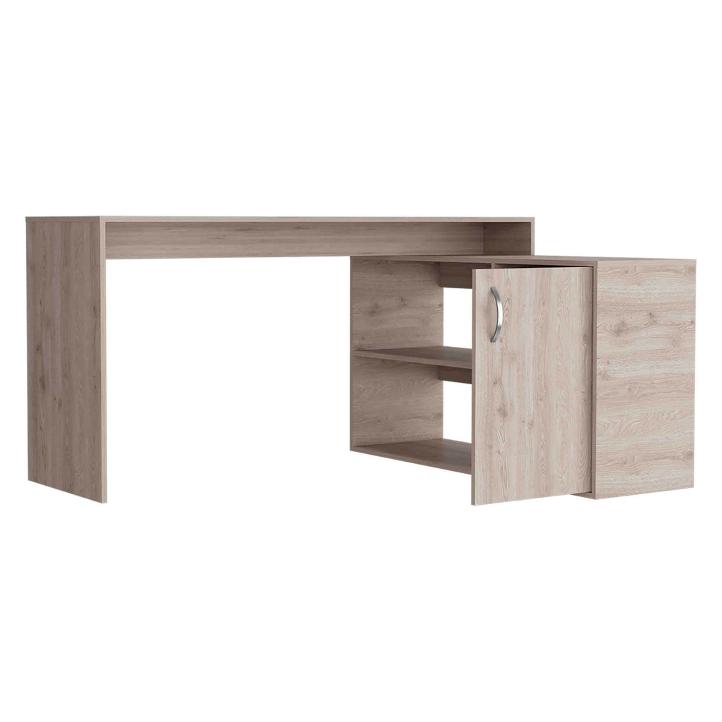 Antlia L-Shaped Writing Desk, Two Shelves, Single Door Cabinet