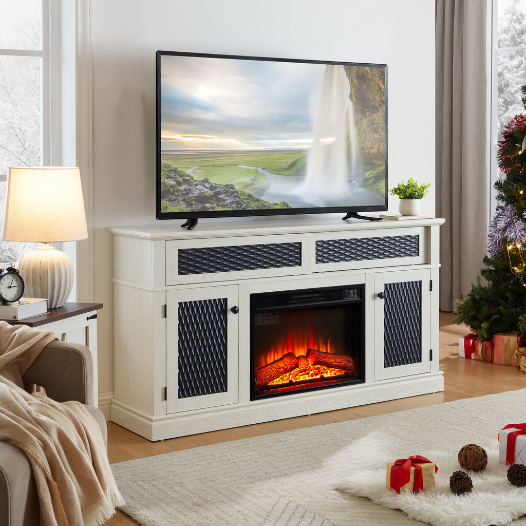 Embossed Pattern TV Stand with 23' fireplace insert,, TV and Media Console with Open and Closed Storage Space and sliding door for Living Room & Bedroom,White, 58.27'W*15.35'W*31.7H