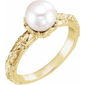 14K Yellow Gold Cultured White Freshwater Pearl & .02 CTW Natural Diamond Ring