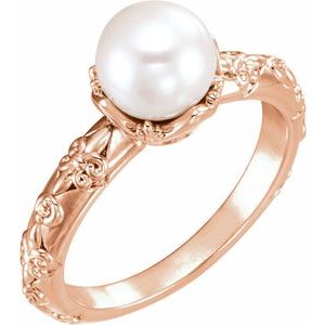 14K Rose Gold Cultured White Freshwater Pearl & .02 CTW Natural Diamond Ring