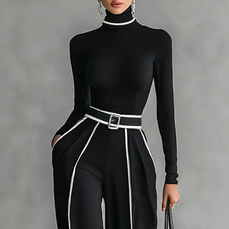Women's Creative Elegant Stand Collar Contrast Color Binding Long-sleeved Knitted Wide-leg Pants Suit (see size chart under more details)