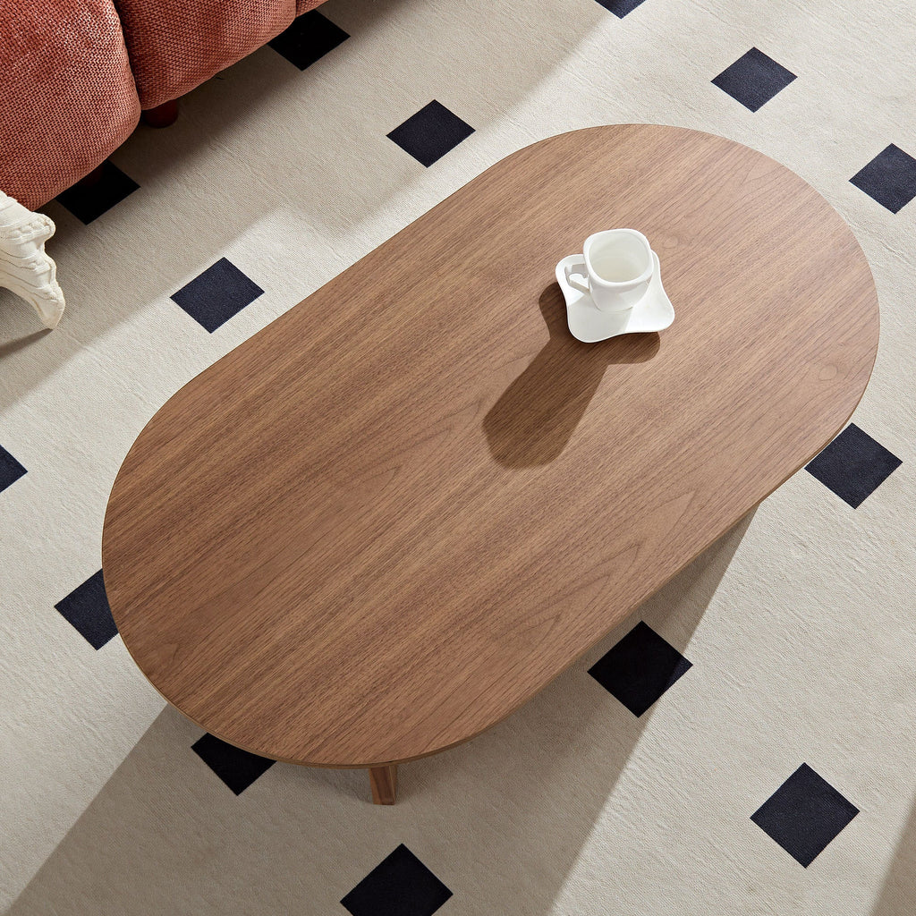 Length 39.37 Inch Modern Coffee Table,MDF Oval Coffee Table for Living Room,Small Coffee Table with Sturdy Pedestal for Apartment,Bedroom,Walnut