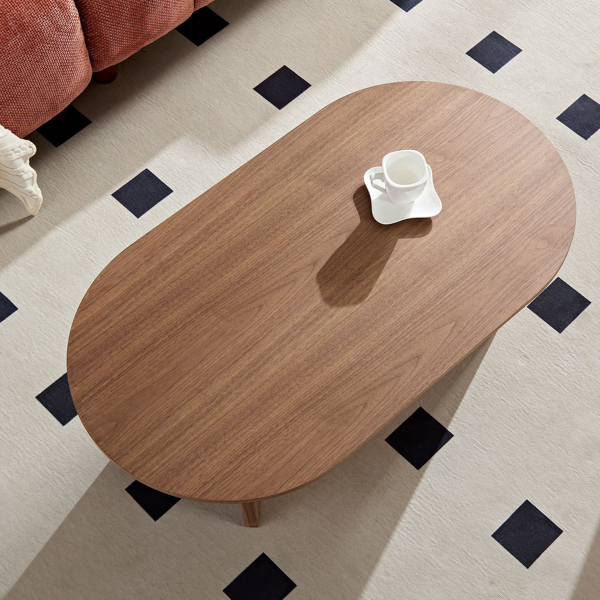 Length 39.37 Inch Modern Coffee Table,MDF Oval Coffee Table for Living Room,Small Coffee Table with Sturdy Pedestal for Apartment,Bedroom,Walnut