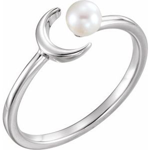 14K White Gold Cultured White Freshwater Pearl Crescent Moon Ring