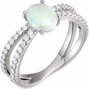Sterling Silver Natural White Opal & 1/3 CTW Natural Diamond Ring