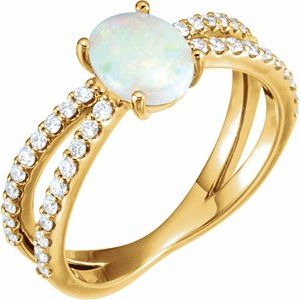 14K Yellow Gold Natural White Opal & 1/3 CTW Natural Diamond Ring