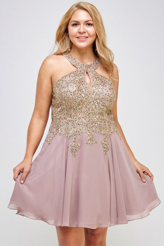 Gold embroidered plus size chiffon dress with built in tulle