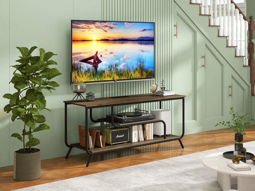 There are installation videos and scene videos. TV socket and LED light - TV stand TV up to 55 ', small unit modern TV console suitable for living room and bedroom, light grey