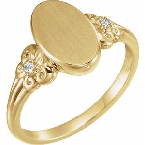 14K Yellow Gold .03 CTW Diamond 12x8 mm Oval Fleur-de-lis Signet Ring